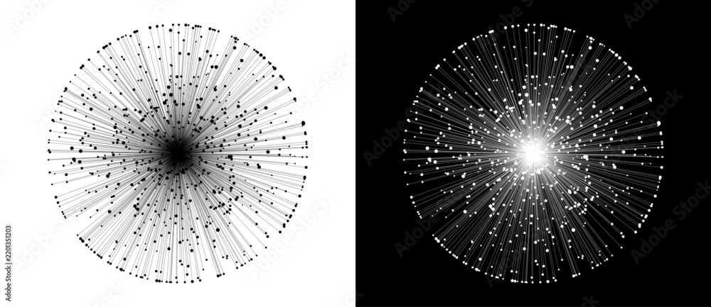Obraz premium Radial network explosion icon with hundreds of lines connecting to dot nodes, data transfer and connection concept, black on white and white on black variants, vector logo.