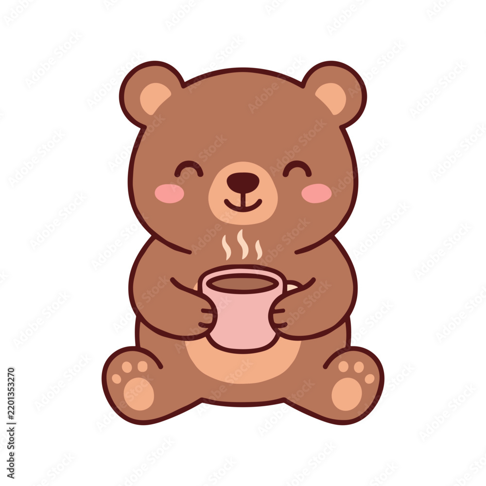 Obraz premium Cute brown teddy bear character smiling while holding a steaming pink mug of hot coffee