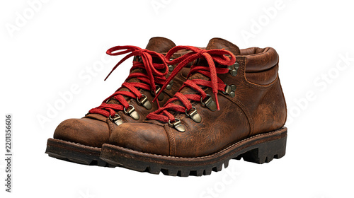 Distressed brown leather hiking boots with bright red laces and metal eyelets
