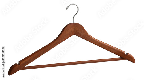 Fotografie Polished dark brown wooden clothes hanger with metal hook and notched shoulders