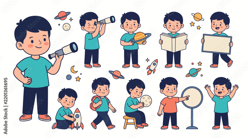 Fototapeta premium Little Boy Astronomer Set with Telescope Planets and Space Elements Vector Illustration