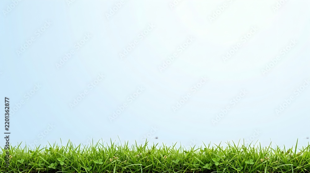 Fototapeta premium Fresh green grass base against a light blue sky background with vegetation landscape botanical daylight