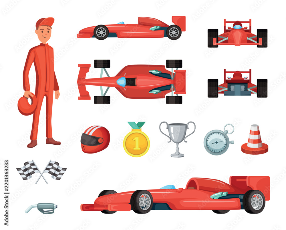 Fototapeta premium Red formula racing car views with driver helmet trophy medal and checkered flags cartoon vector set