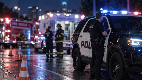 Multi-Agency Emergency Response at Night on Wet City Street