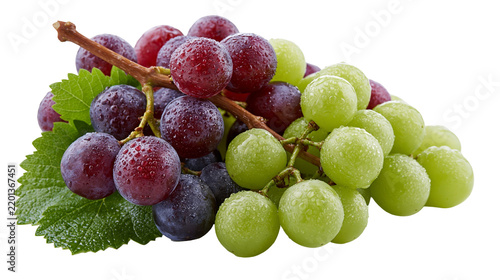 Fresh cluster of red and green grapes with water droplets and green leaves