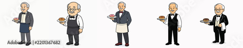 A vector set of a grandfather waiter carrying a tray of delicious donuts.