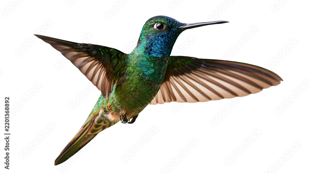 Obraz premium Iridescent green and blue hummingbird in flight with spread wings