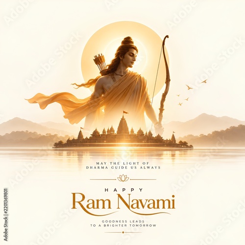 Happy ram navami celebration with lord rama and distant sacred temple