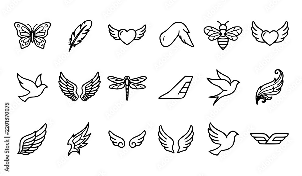 Fototapeta premium Minimal Wing Outline Vector Icons – Editable Angel Bird Butterfly Feather and Flight Symbols