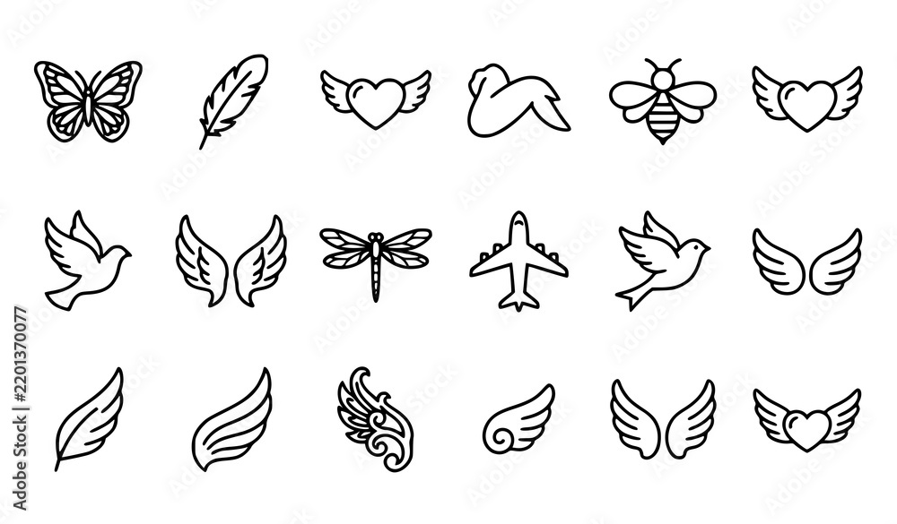 Fototapeta premium Wing Outline Icons Vector Set – Butterfly Feather Heart Angel Bird Bee and Airplane Symbols