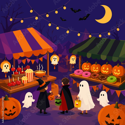 Spooky Halloween Night Market Scene with Children in Costumes Visiting Festive Food Stalls