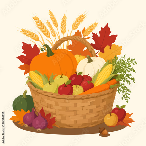 Autumn Harvest Basket with Pumpkins Apples Corn and Fall Foliage Illustration