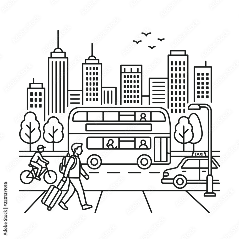 Obraz premium Double-decker bus and cyclists navigating urban skyline with modern skyscrapers in city street illustration