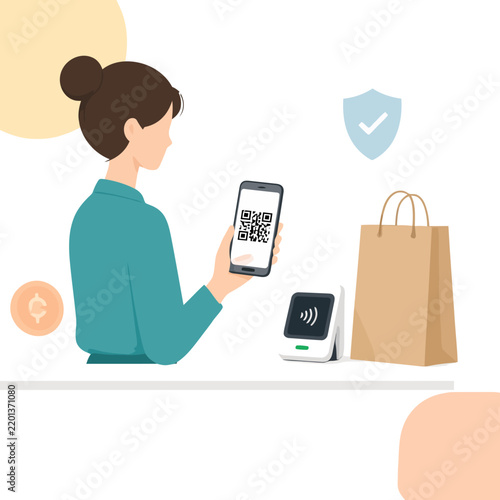 Woman Making a Contactless QR Code Payment Using a Mobile Phone at the Checkout Counter