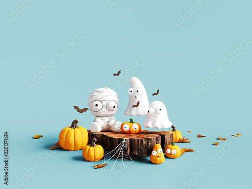 Ghosts and Mummy with Halloween pumpkins on blue background. Halloween greeting card design. 3D Rendering, 3D Illustration
