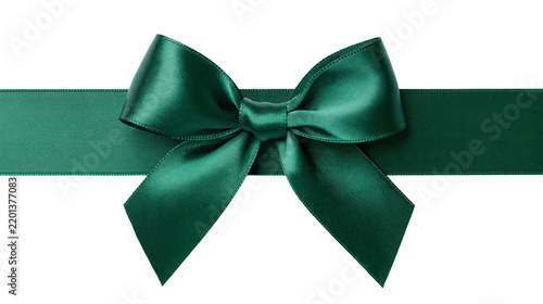 Dark emerald green satin ribbon tied in a decorative bow with horizontal tails