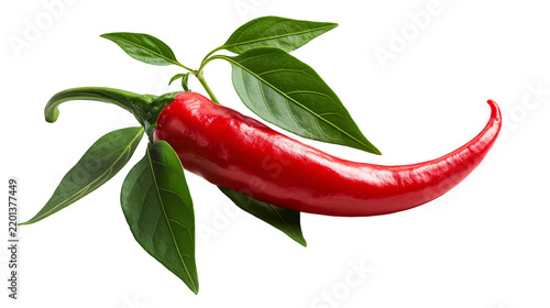 Fresh red chili pepper with green leaves attached