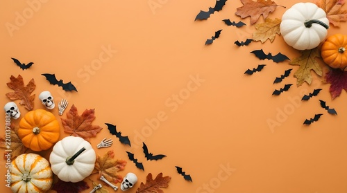 Autumnal halloween scene with pumpkins bats and colorful fall leaves on an orange background