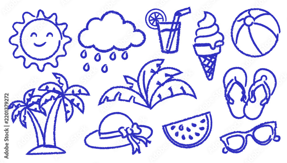Fototapeta premium Set of handdrawn summer vacation icons featuring sun, rain cloud, drink, ice cream, beach ball, palm trees, hat, watermelon slice, flip flops, and sunglasses