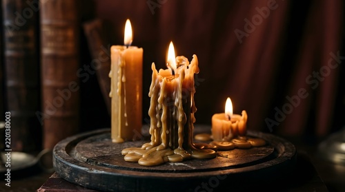Antique books and burning candles create a warm and nostalgic still life scene