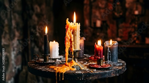 Dramatic still life of burning candles with dripping wax in a darkened room