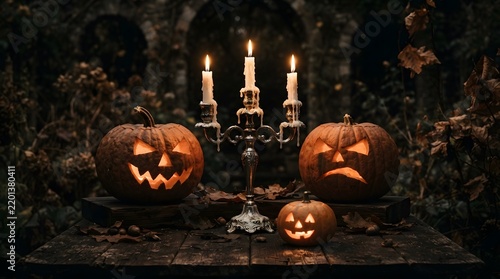 Dramatic halloween still life with carved pumpkins antique candelabra and moody lighting