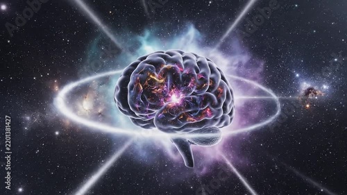 Human brain emitting bright energy rays and light rings within a deep space nebula