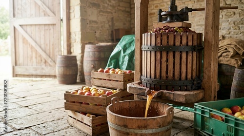 Traditional fruit pressing with apple juice flowing into a wooden bucket. Vintage cider press with crates of harvest apples in a barn
