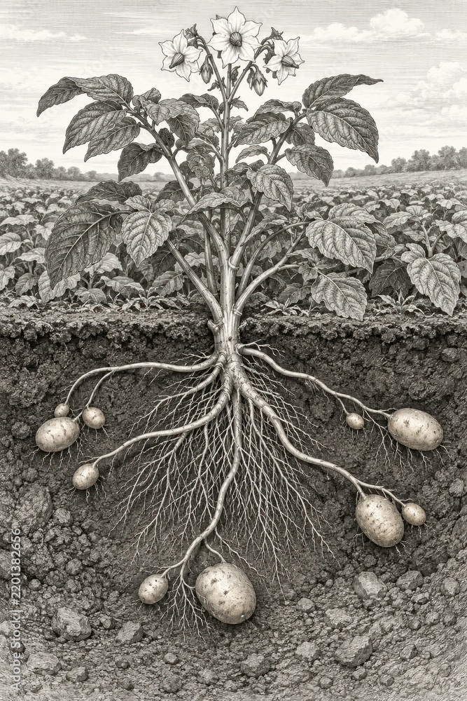 Naklejka premium Potato plant and underground tubers in a botanical drawing