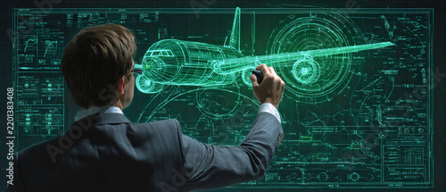 A person in a suit draws an airplane using a digital interface. The setting shows a technical background with detailed schematics and data
