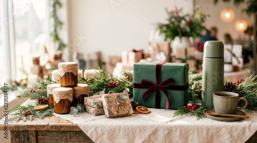 Curated holiday gift table with artisanal candles, wrapped soap bars, ribbon-tied box, thermos of tea, and seasonal greenery.