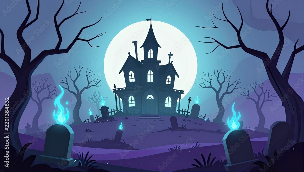Obraz premium Spooky Haunted Mansion in a Dark Graveyard under a Large Full Moon with Blue Ghostly Flames and Silhouetted Bare Trees in a Mystical Night Landscape Illustration