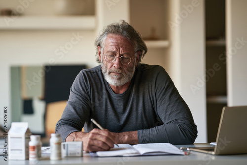 A thoughtful older man, reflecting on his thoughts, writes in a calm and composed environment, illustrating the significance of contemplation in everyday life.