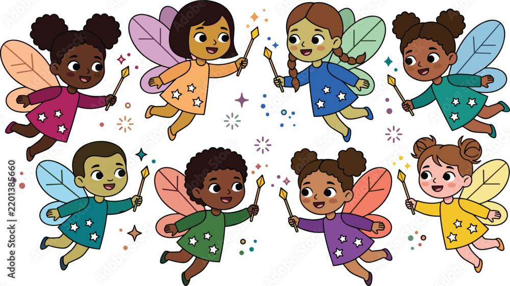 Obraz premium Cute Diverse Little Fairies and Pixies Flying with Magic Wands Vector Illustration Set with Happy Multicultural Magical Boys and Girls Having Fluttering Wings