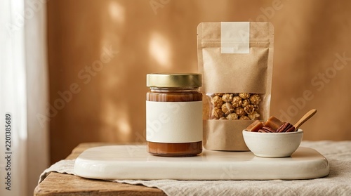 A jar of caramel sauce and a bag of caramel popcorn on a wooden table with a beige background.