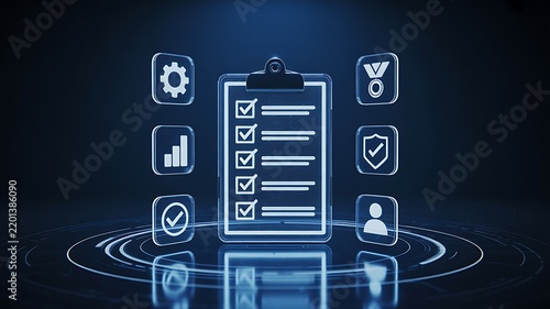 Business checklist concept with digital task management icons and clipboard