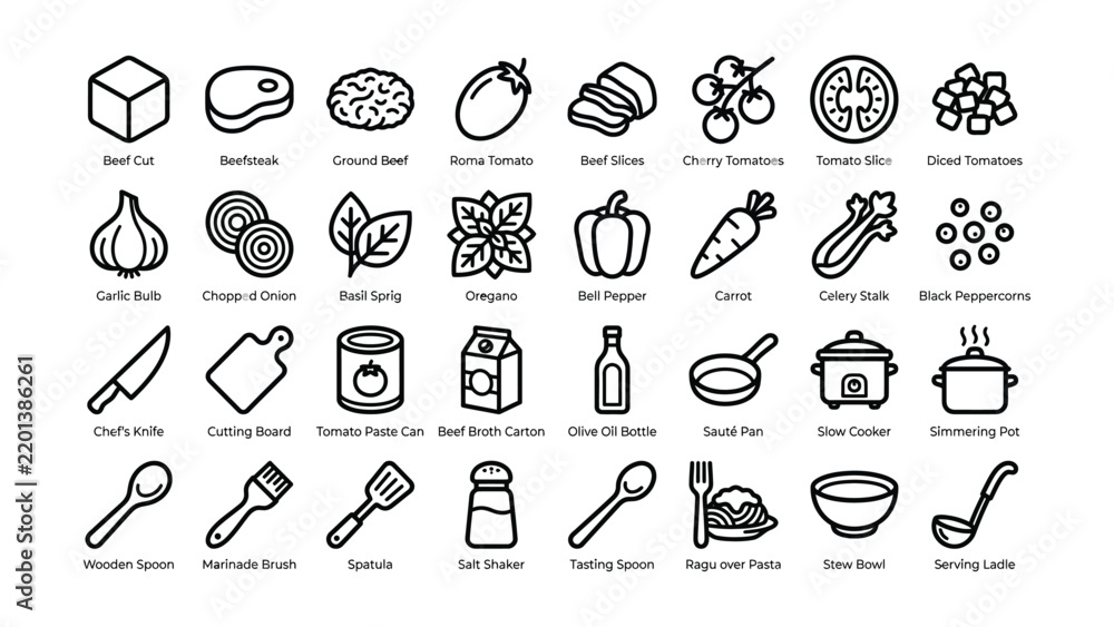 Fototapeta premium Minimalist cooking and food ingredient icon set for restaurant menus and culinary blog website design