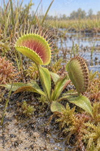 Venus flytrap growing among moss beside wetland water