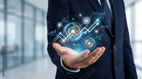 Businessman displaying glowing financial growth chart hologram