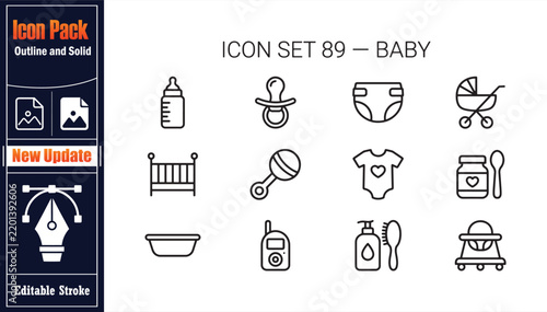 Baby care and newborn outline vector icons, editable stroke, flat simple signs on transparent background. Minimalist Line Icon Vector