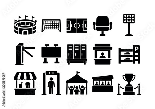Football Stadium Venue — solid glyph icon set with exactly 15 fully filled black symbols in a loose grid: football stadium, goal, field layout, stadium seat, floodlight, turnstile, scoreboard shape