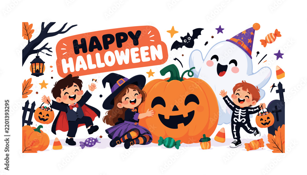 Fototapeta premium Cute Halloween Kids. Cute Halloween kids banner showing three playful children beside one oversized smiling pumpkin and one oversized friendly ghost, with candy, party hat, bat, star sparkles and