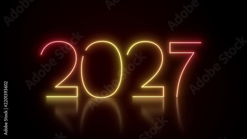 Video animation of abstract neon lights with the numbers 2027 in red and yellow over dark background on a reflective floor - represents the new year - vacation concept.