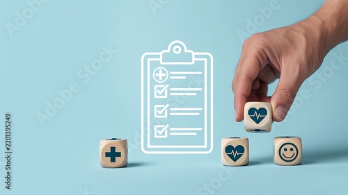 Healthcare checklist with medical symbols and hands organizing health service options