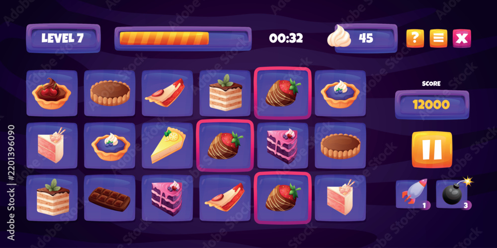 Obraz premium Candy match game. Sweets crush puzzle ui, button slot mobile app dessert food icon frame bar cake chocolate design smartphone phone gaming interface cartoon vector illustration