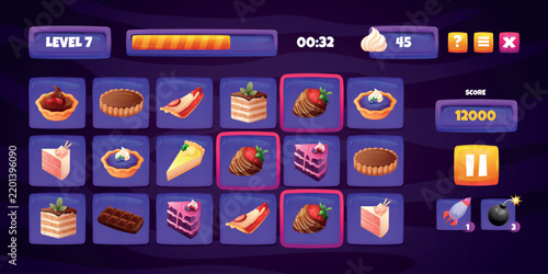 Candy match game. Sweets crush puzzle ui, button slot mobile app dessert food icon frame bar cake chocolate design smartphone phone gaming interface cartoon vector illustration