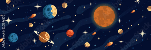 Outer space cartoon background. Planet star sky landscape, galaxy cosmos retro wallpaper kids poster alien night dream deep dark scene fantasy moon nebula comet vector illustration
