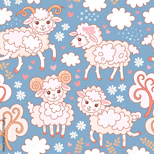 Beautiful seamless pattern with cute sheep and rams, clouds, trees, flowers, hearts on blue sky background