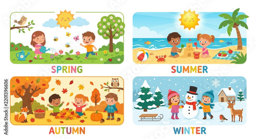 Four seasons educational vector set for kids, 