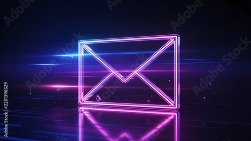 Glowing neon email envelope with digital communication concept on dark background